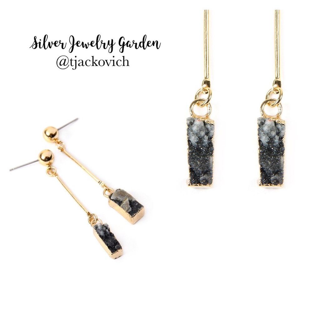 Gold With Black Druzy Stone Dangle Earrings